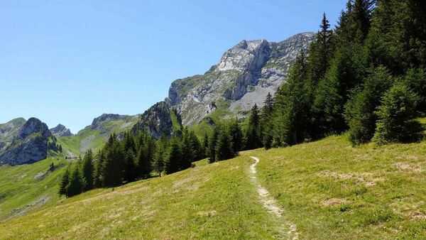 Lanskap pegunungan dengan jalur setapak di kejauhan